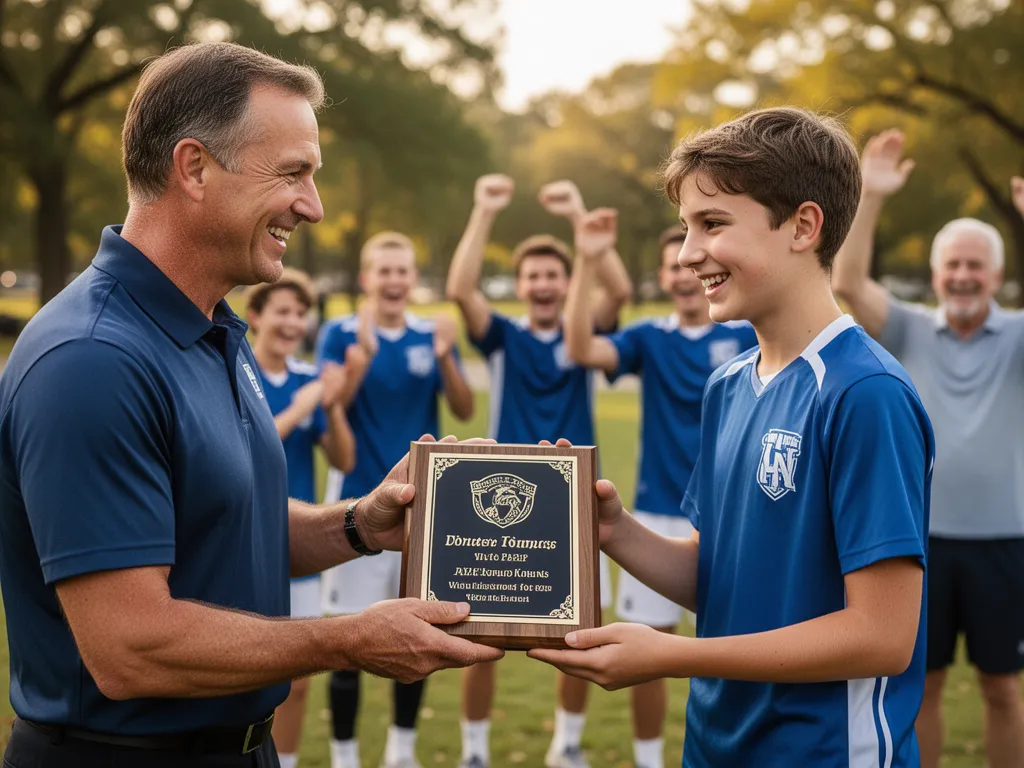 Coach presenting award plaque to smiling young athlete with celebrating teammates in background
