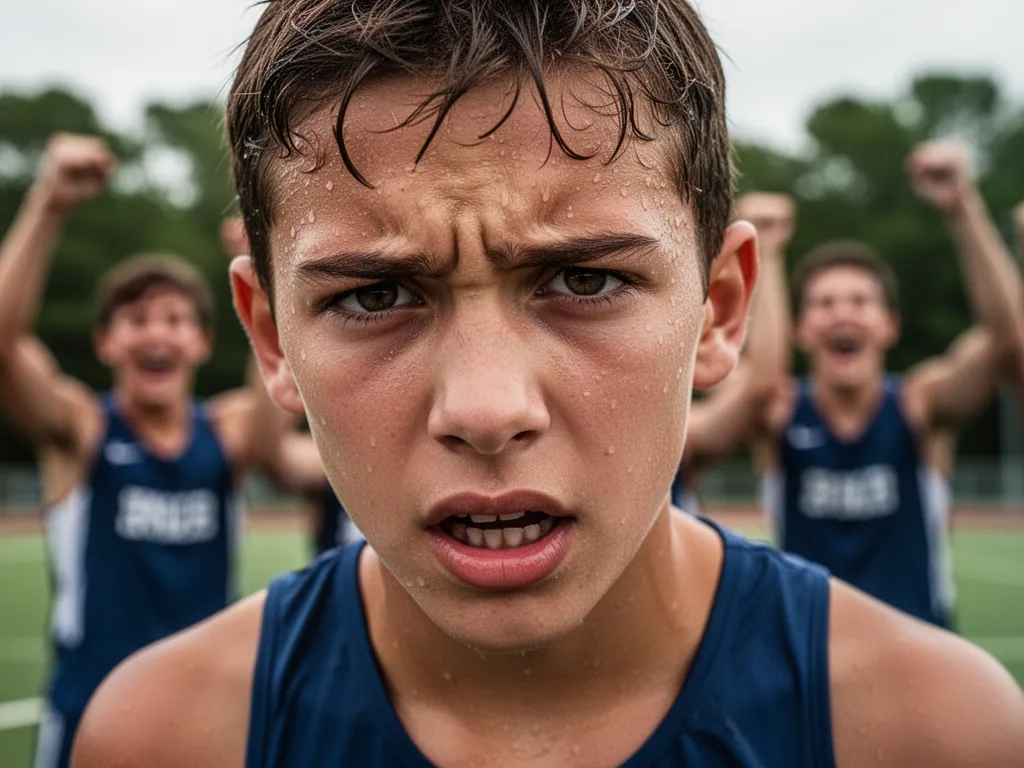 Young athlete's focused expression during competition with celebrating teammates visible in soft background blur