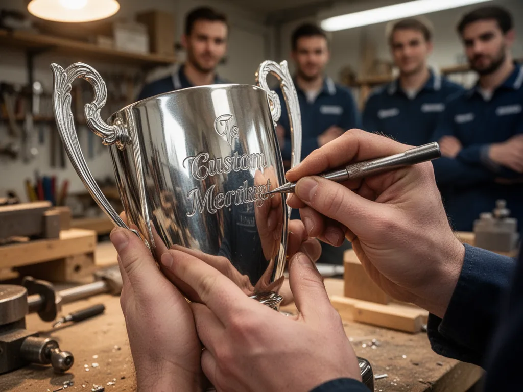 Hands engraving custom name into trophy cup with craftsperson detail and team watching
