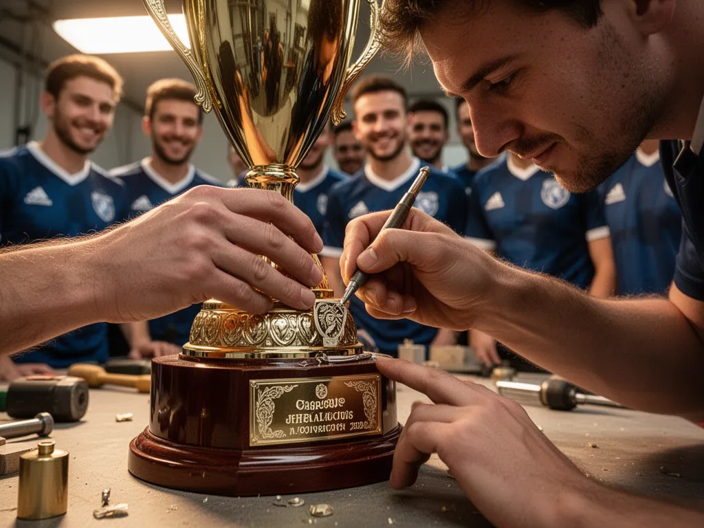 Craftsperson engraving custom details on trophy while team members watch with pride in warm lighting