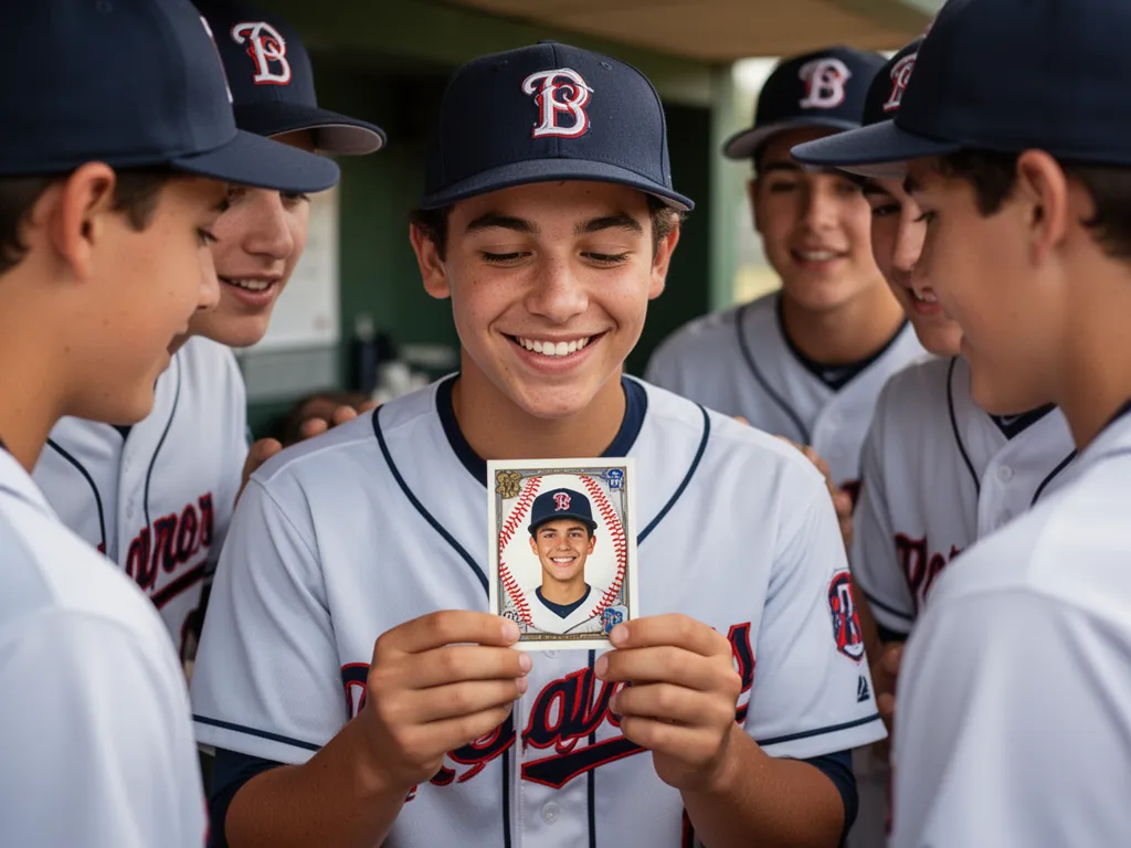 [Young athlete proudly displaying personalized baseball card with excited teammates gathered nearby]