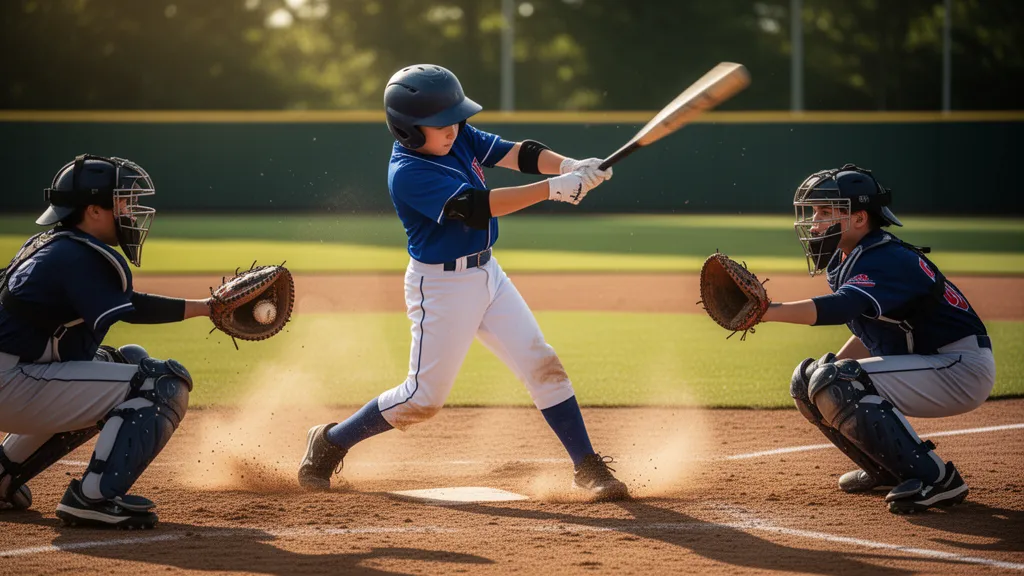 Young baseball player swinging bat during game with catcher in background on sunny field