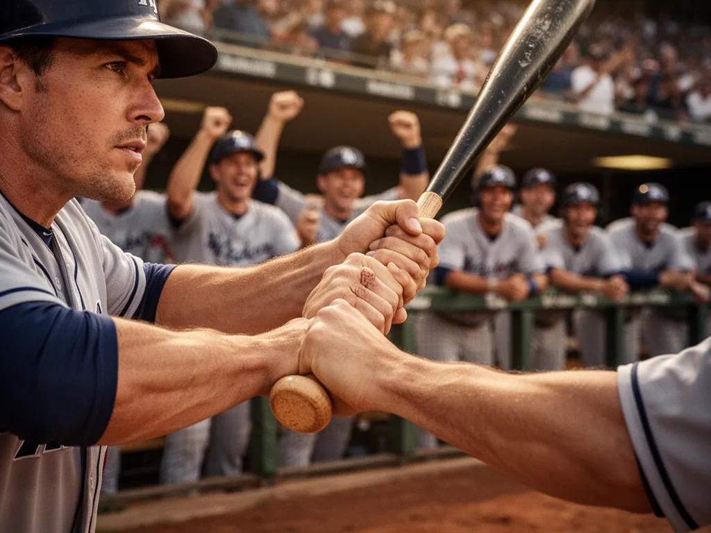 Baseball player gripping bat with focused expression while teammates cheer from dugout behind