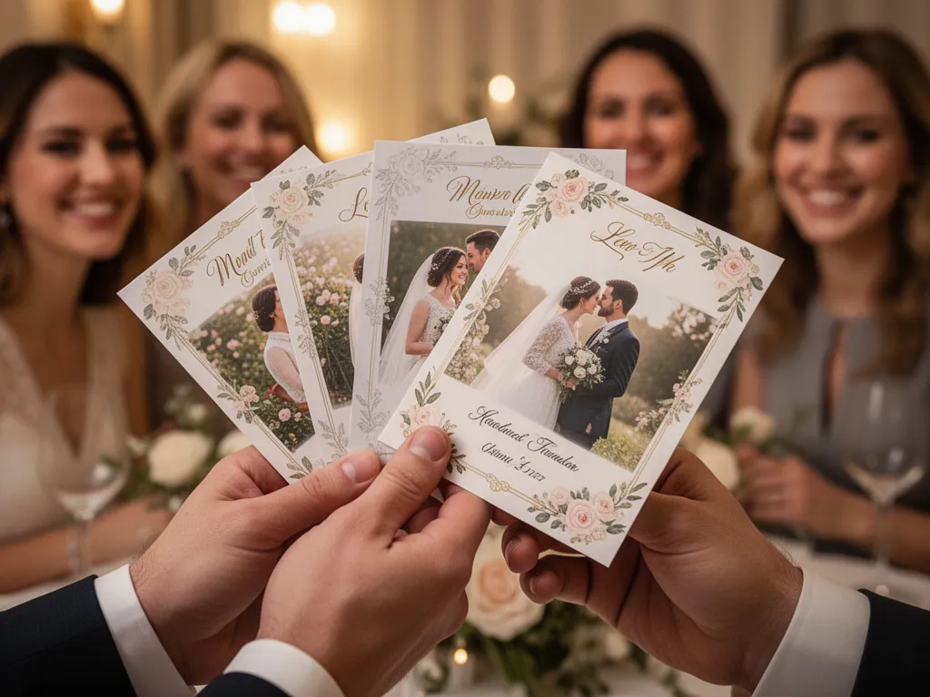 [Hands displaying fanned custom wedding cards with guests celebrating in soft-focus background]