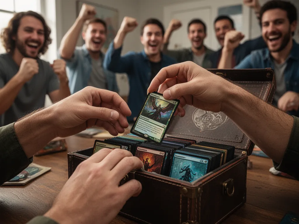 [Player's hands organizing custom Magic cards with engaged spectators watching nearby in support]