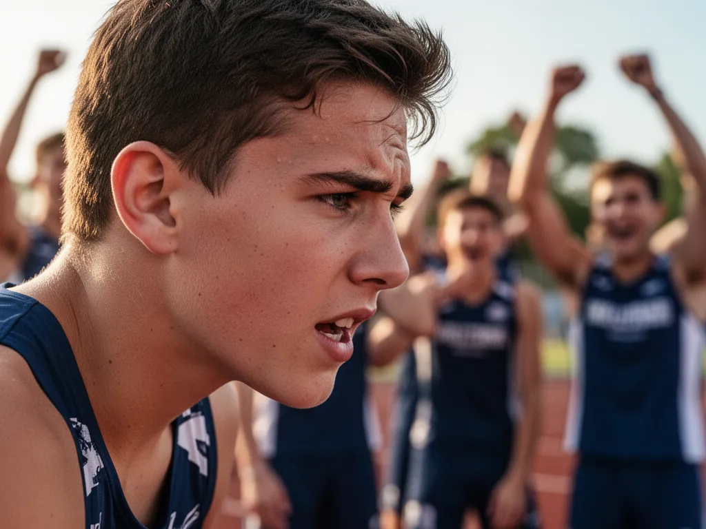 Close-up of focused athlete's determined expression with celebrating teammates visible in background.