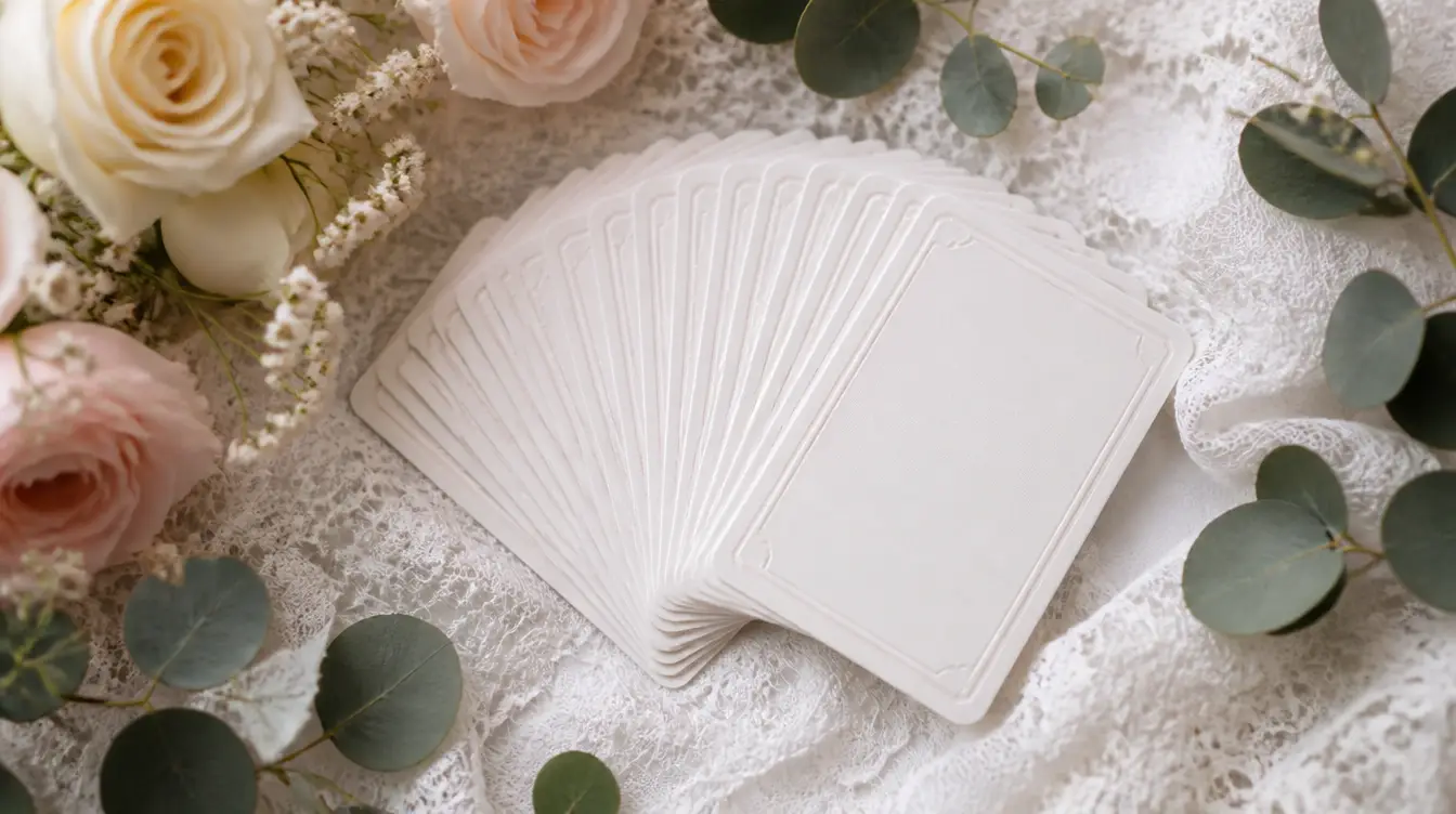 A fanned deck of blank playing cards on lace with soft floral decor