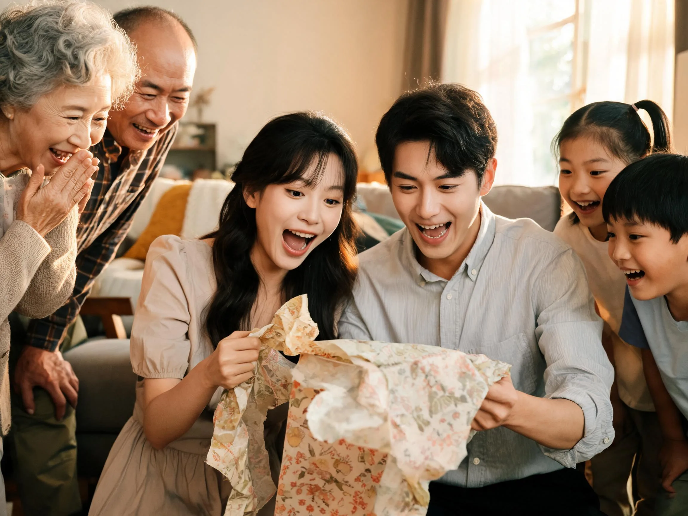 Family joyfully watching a couple unwrap a surprise wedding gift together indoors.
