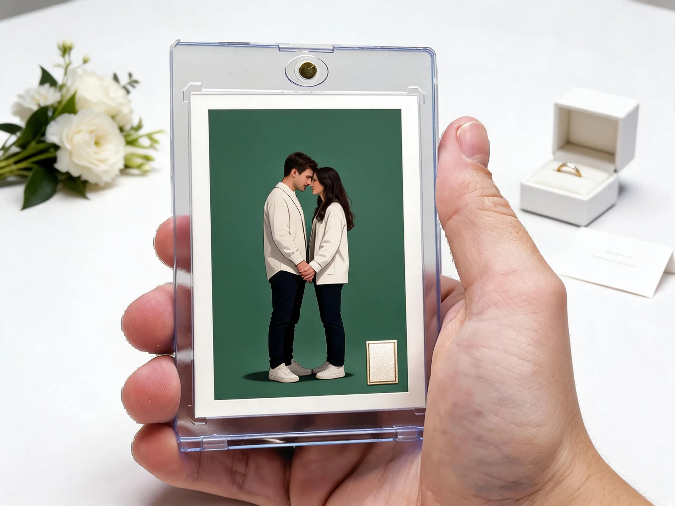 Custom wedding keepsake trading card of a couple in a clear magnetic display case.