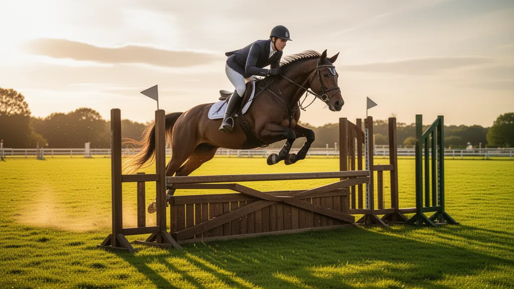 Equestrian rider on horseback jumping over a tall fence in outdoor arena