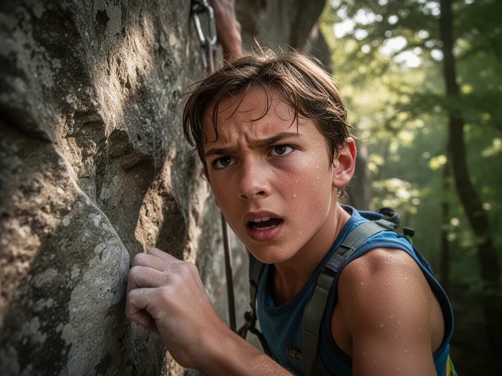 Rock climber's focused expression while climbing natural stone cliff face outdoors