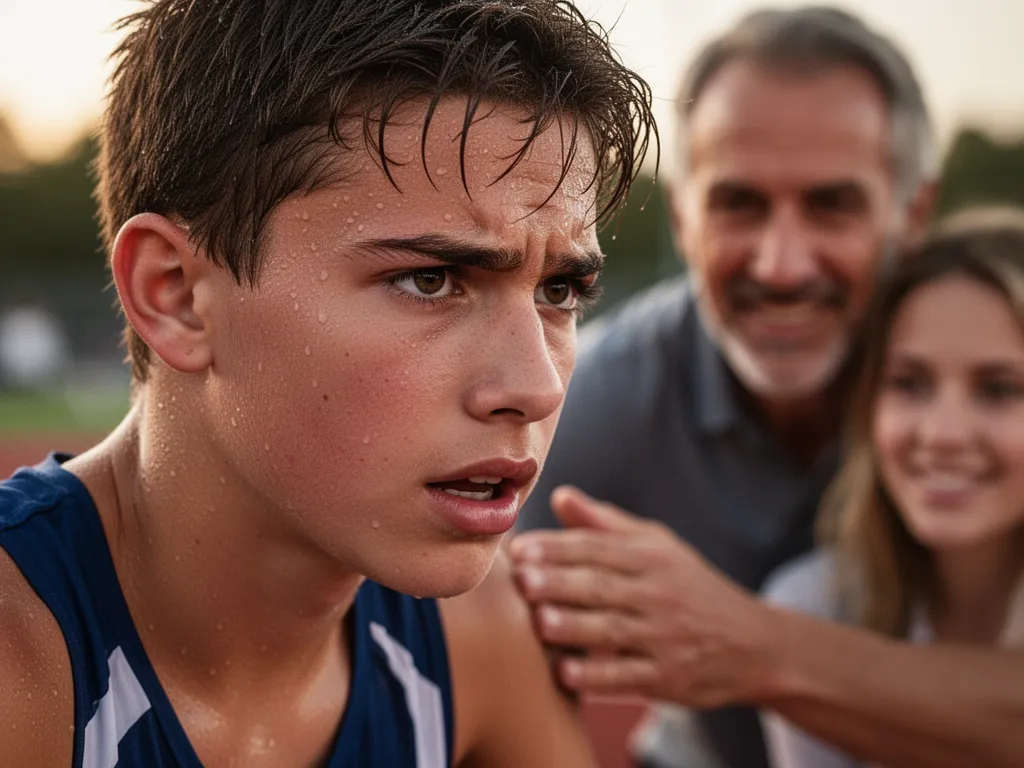 [Young athlete's concentrated face showing determination during intense competitive moment]