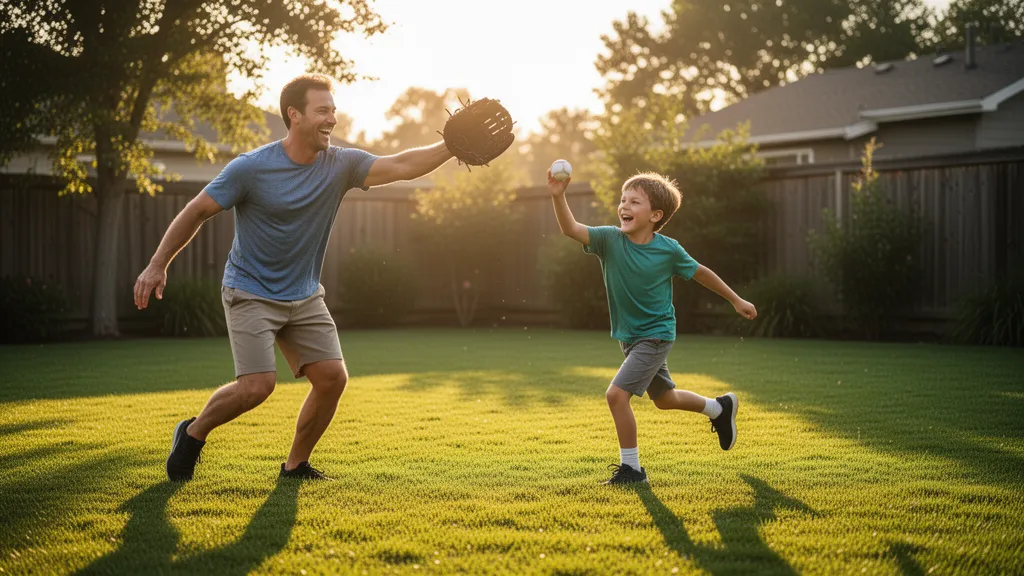 Father and son playing catch together in backyard during golden hour sunlight