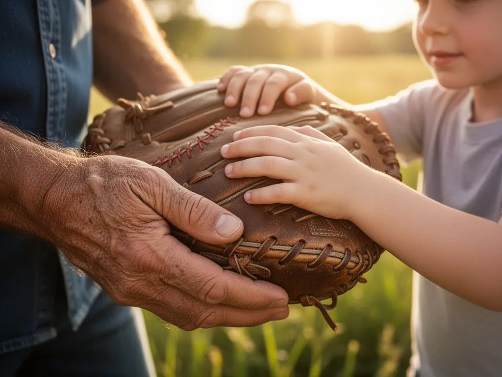 Weathered father's hands guiding child's hands on vintage baseball glove