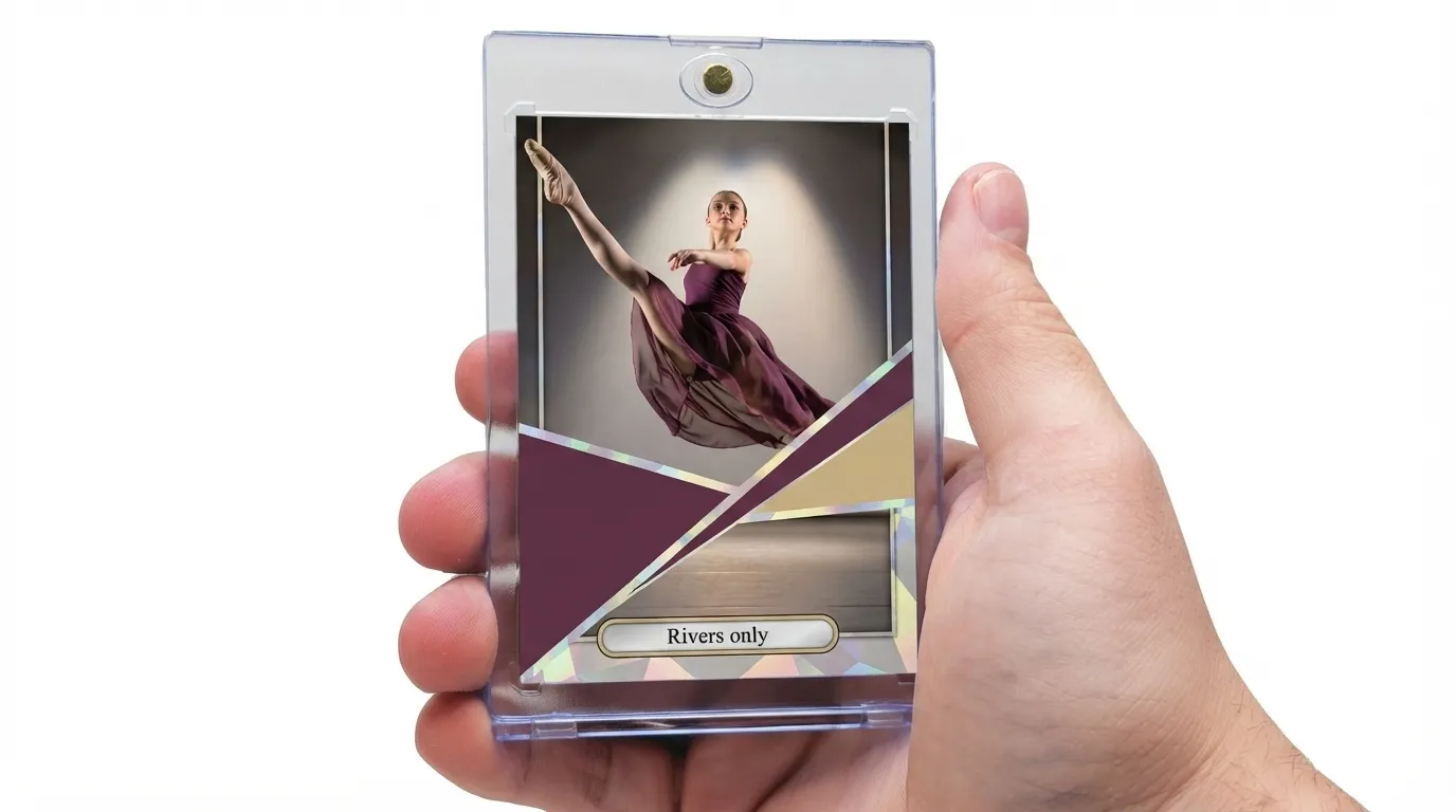 Hand holding magnetic case with dance recital gifts trading card of leaping dancer under spotlight.