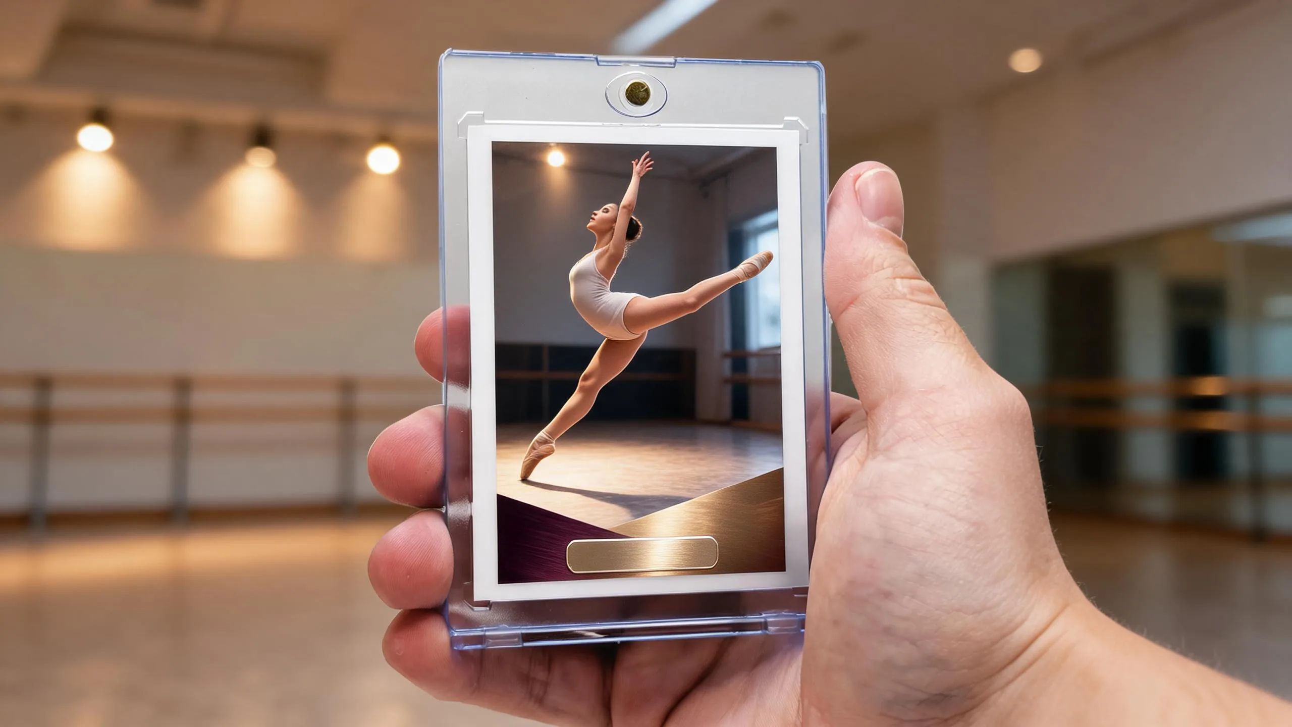 Hand holding magnetic case with dancer trading card, ideal dance recital gifts, plum gold diagonal band design.