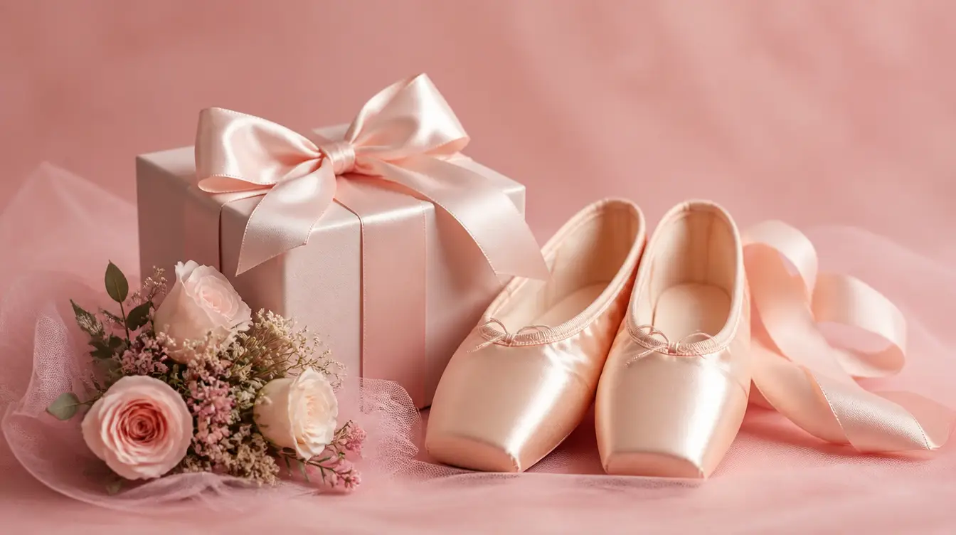 A wrapped gift box beside ballet slippers and a bouquet on a soft pink backdrop