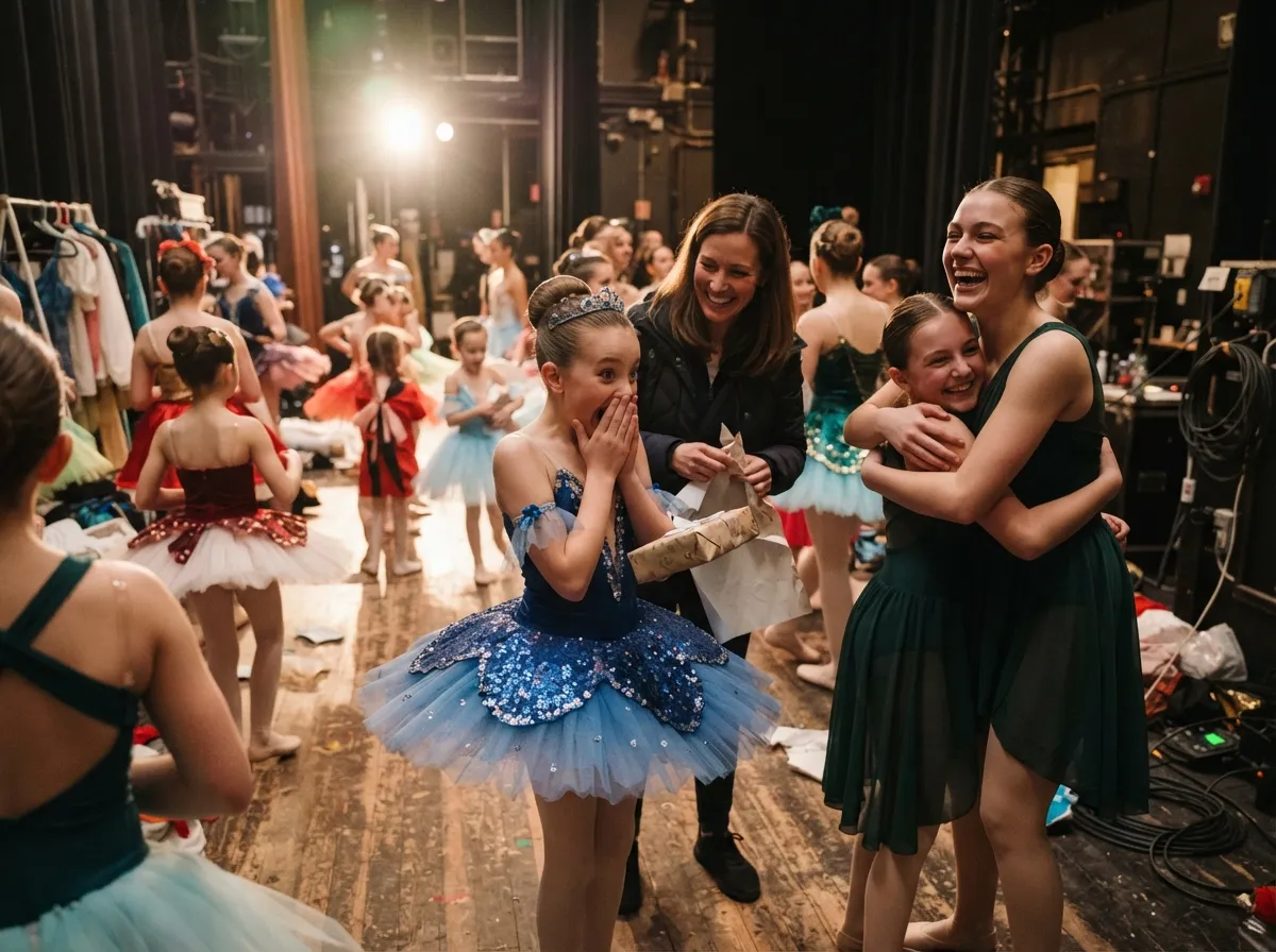Dancer in costume smiling in surprise while unwrapping a gift after her recital onstage.