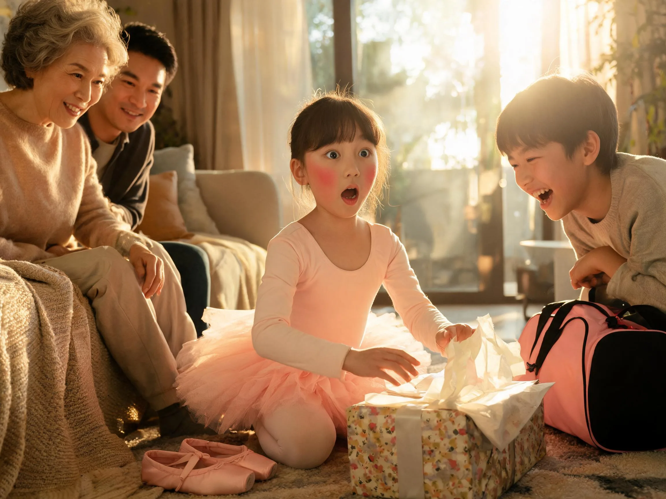 Family celebrates a young dancer's happy surprise while unwrapping a heartfelt recital gift together.