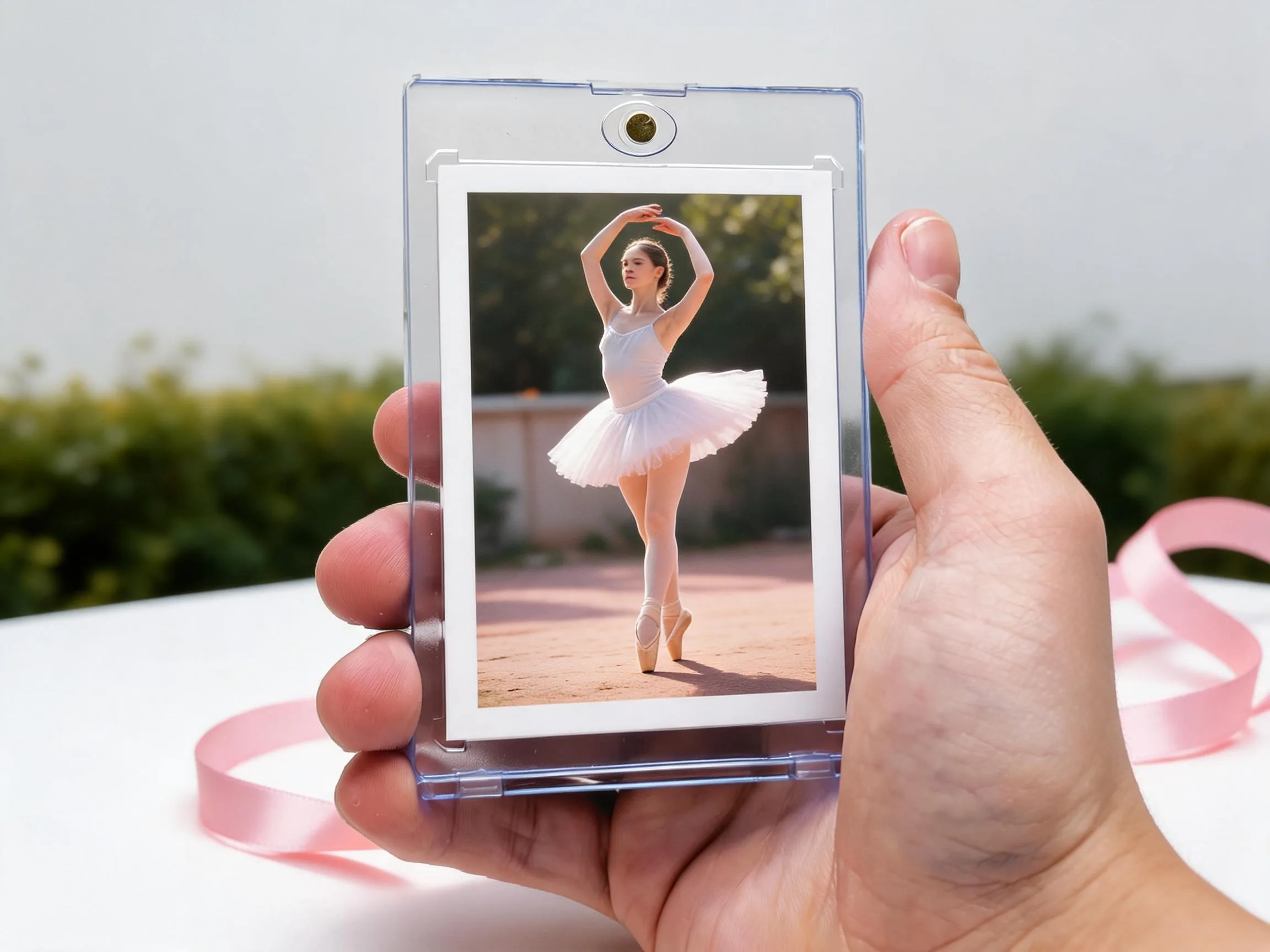 Custom dance trading card in magnetic case, dancer mid-pirouette, sunlit outdoor courtyard design.