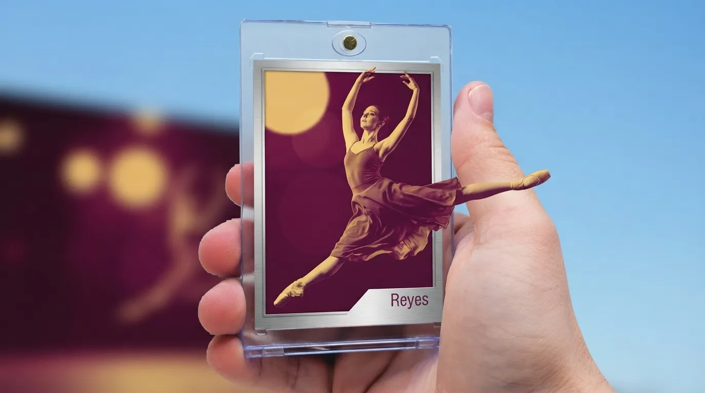 Hand holding magnetic case with dance teacher gift trading card, duotone dancer design, sunny outdoor background.