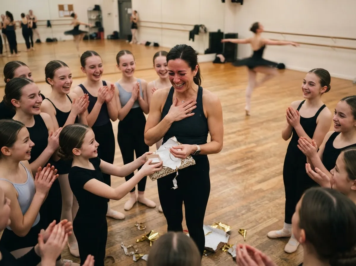 Dance teacher smiling with surprise while unwrapping a gift from her students on stage.