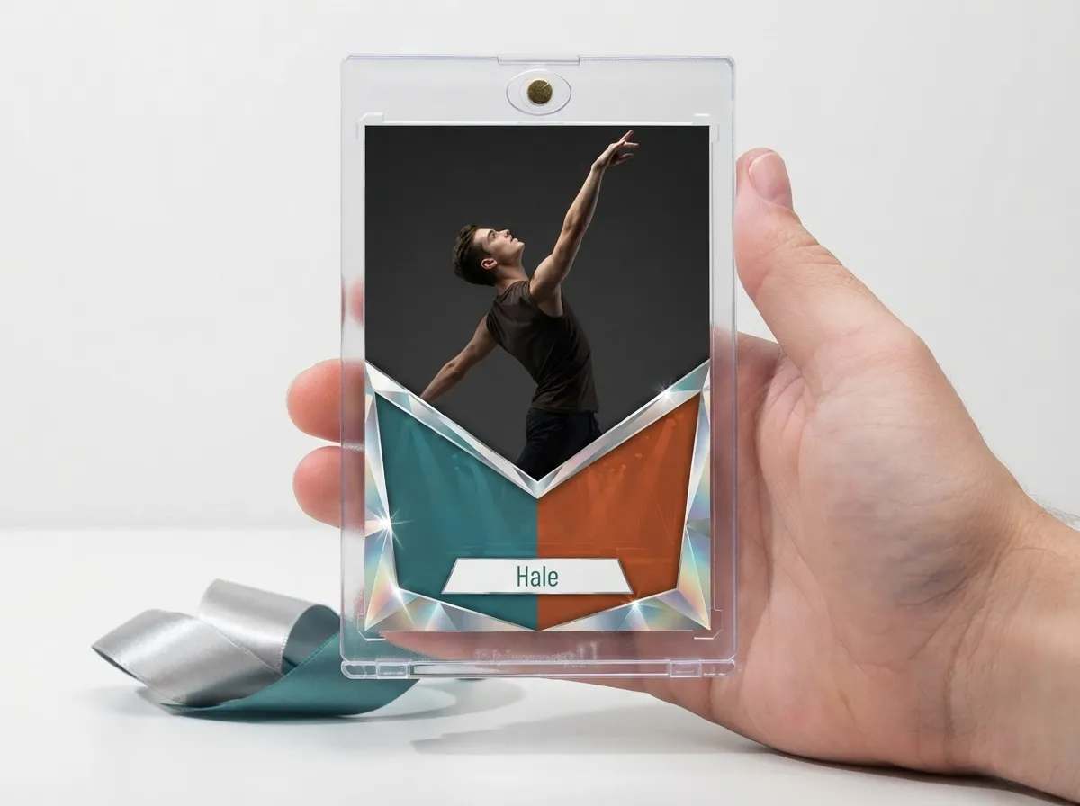 Custom dance trading card in magnetic case, diagonal chrome frame design, on white tabletop.