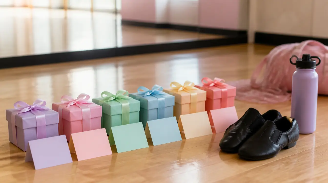A row of small wrapped gifts and blank cards on a dance studio floor beside jazz shoes