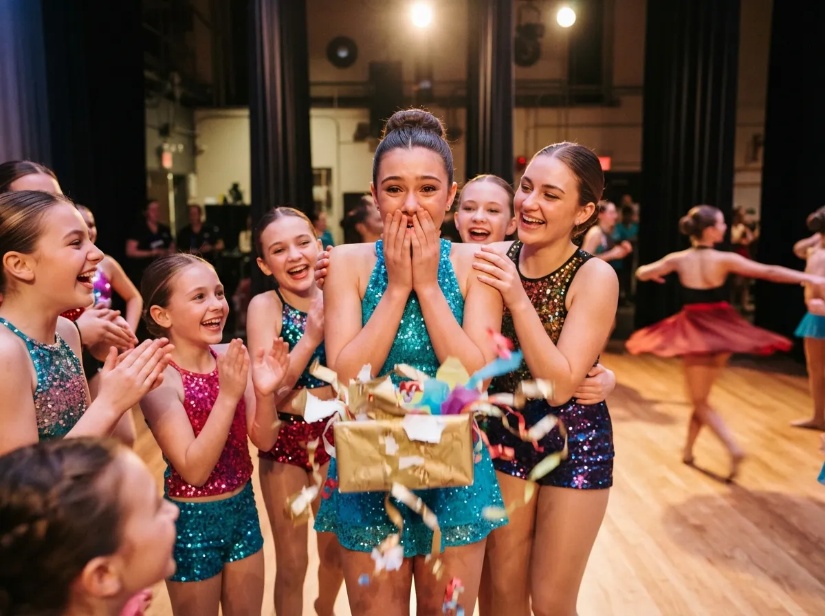 Young dancer in costume reacts joyfully to surprise gift from teammates on spotlighted stage.