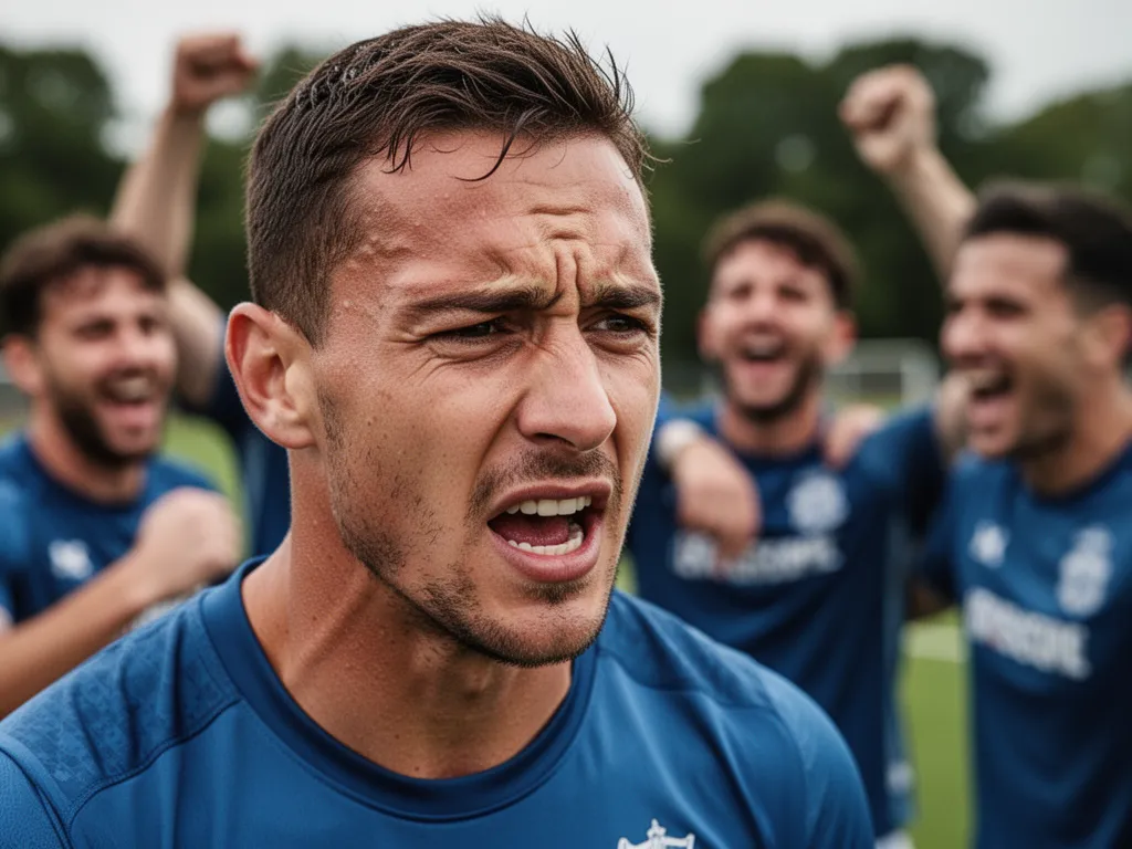 Athlete's determined expression with blurred teammates celebrating in background together