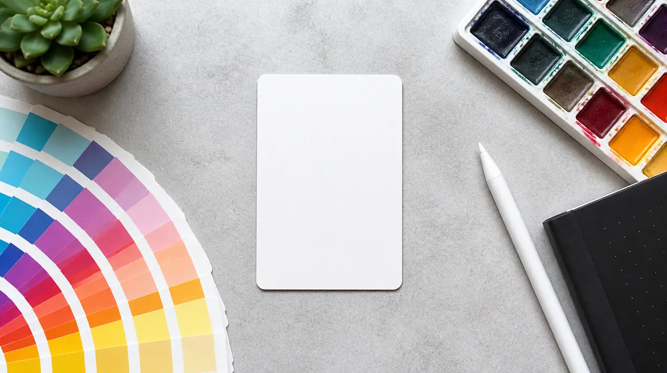 A blank playing card on a designer desk with color swatches and a stylus