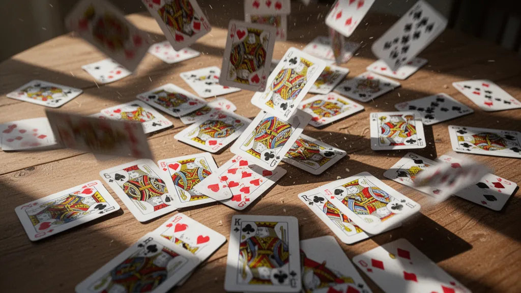 Colorful playing cards spreading dynamically across wooden table with natural lighting and motion blur effect