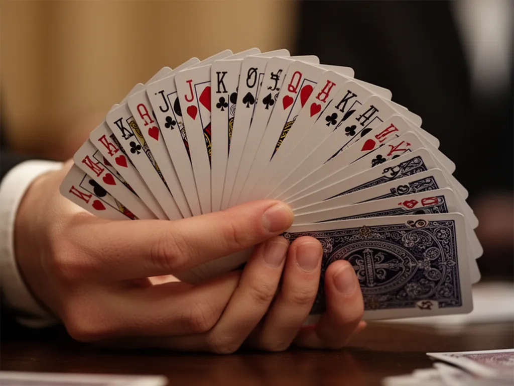 Hand artfully fanning deck of playing cards in elegant arc with warm indoor lighting highlighting card details