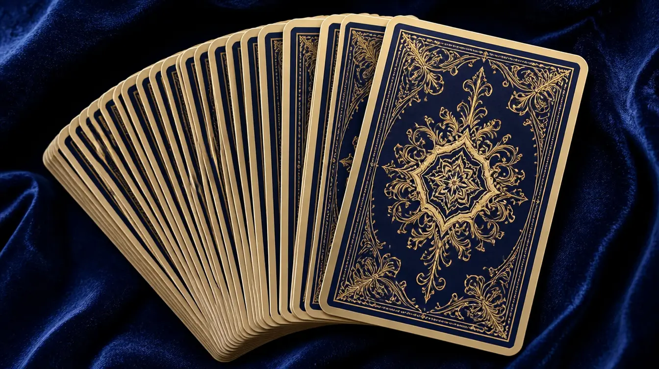 A fanned deck of blank playing cards with an ornate decorative back pattern