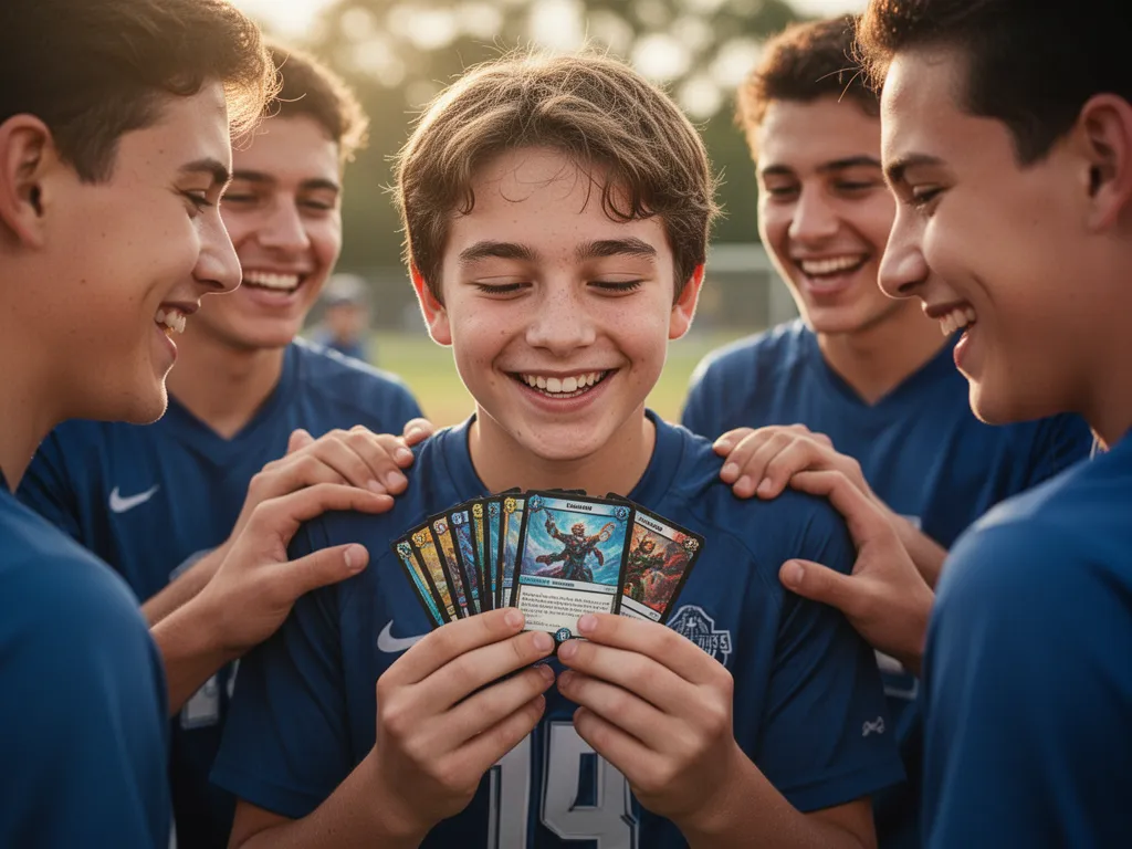 Young player surrounded by teammates examining and celebrating personalized trading cards together outdoors