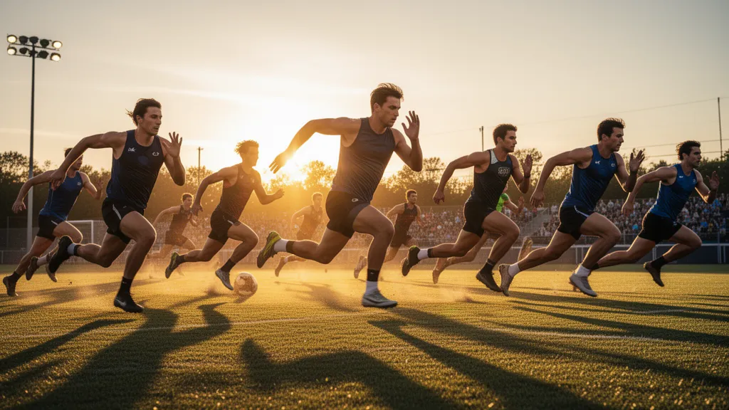 Athletes in motion during outdoor sporting event with natural golden hour lighting and dynamic energy