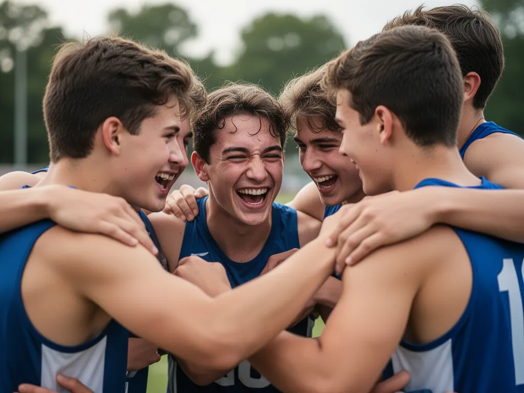 Young athletes celebrating together showing genuine emotion and team bonding after sporting event