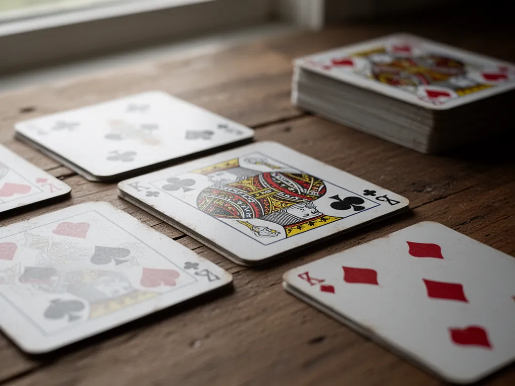 Detailed view of playing cards arranged on wooden surface with natural lighting