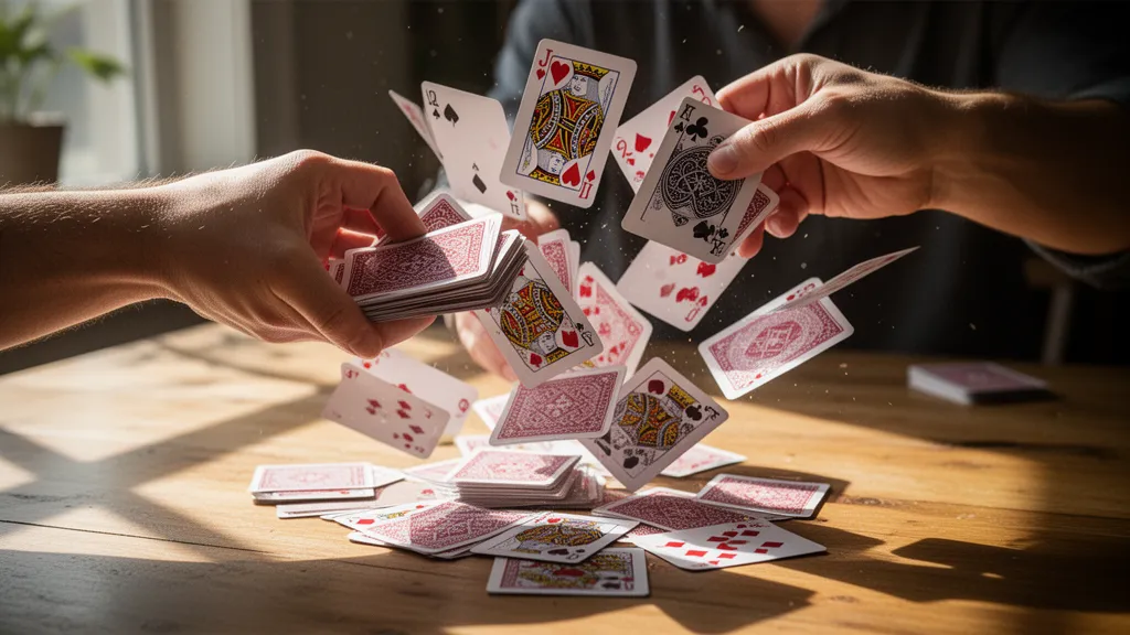 Hands dynamically shuffling and fanning playing cards in bright natural sunlight with cards mid-cascade