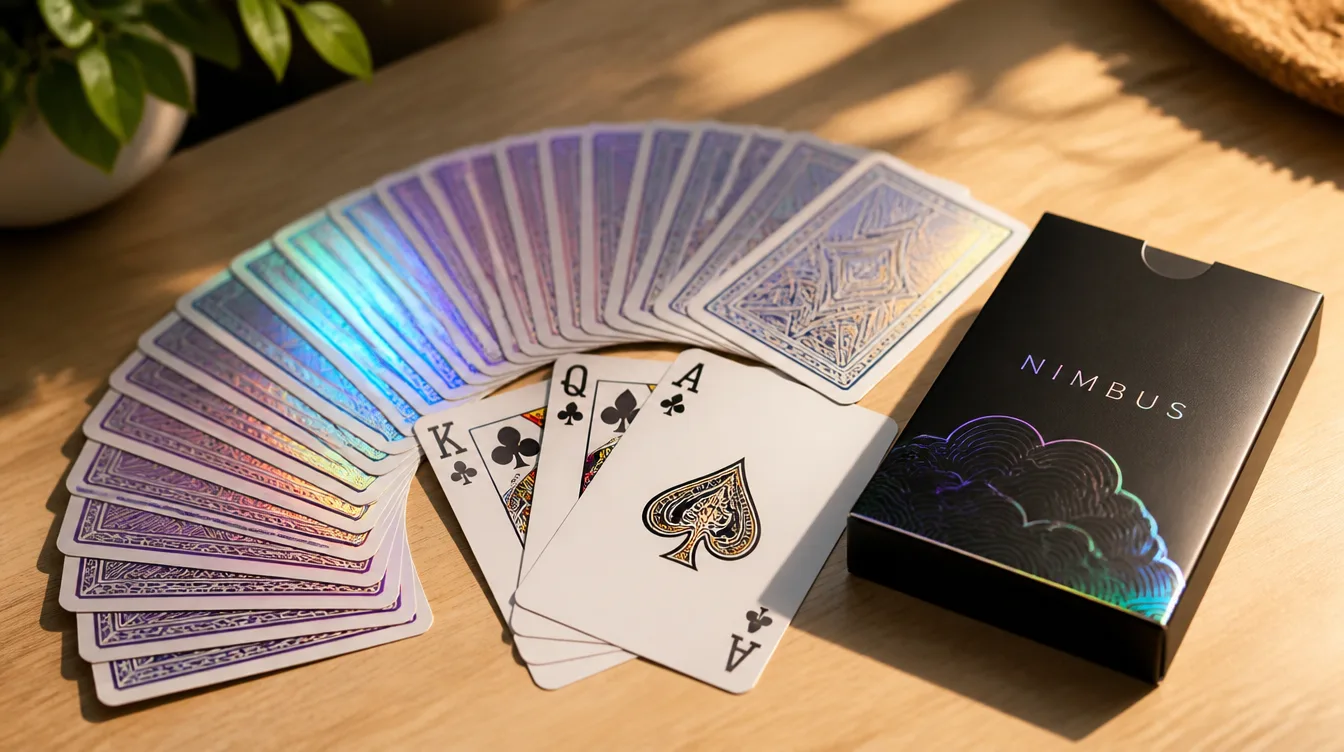 Custom deck of playing card fanned out beside its tuck box