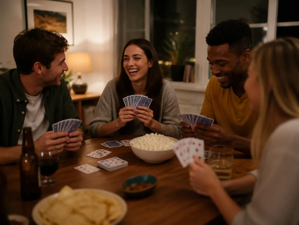 Friends on game night playing with a custom deck of cards