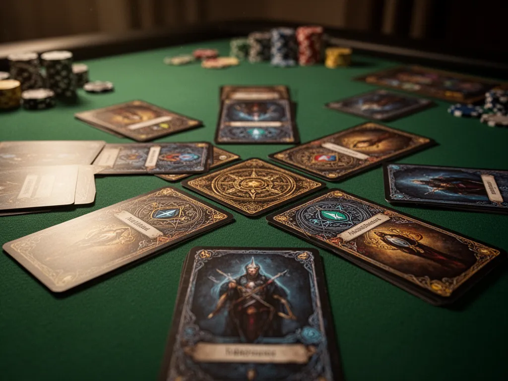 Close-up detail of playing cards arranged strategically on felt gaming surface with warm lighting