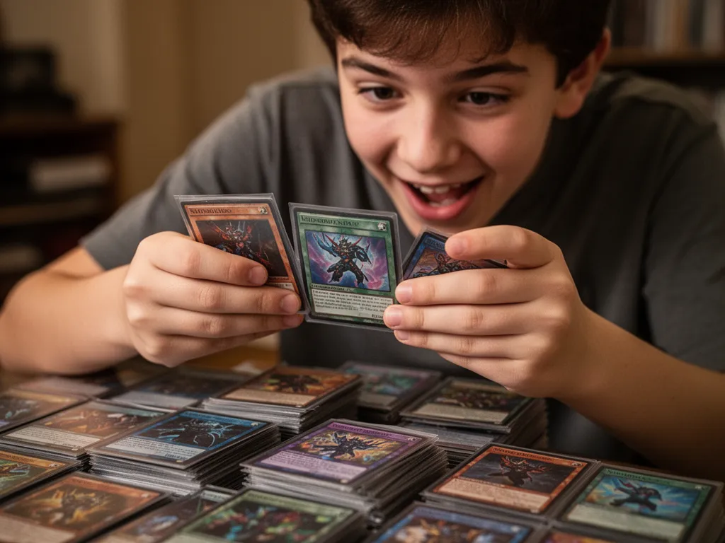 Close-up of collector's hands examining individual trading cards from a bulk purchase.