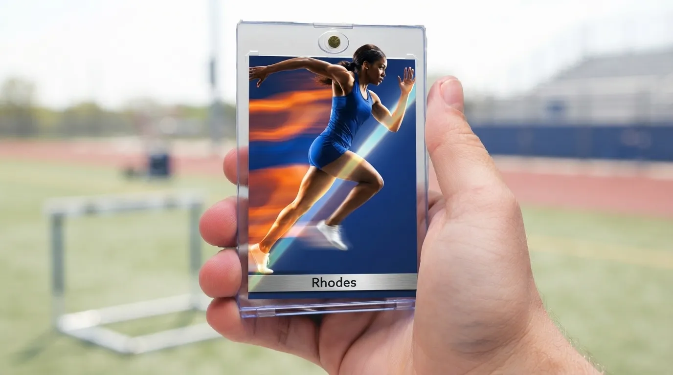 Hand holding magnetic case with a define sports photography trading card of a sprinting athlete.