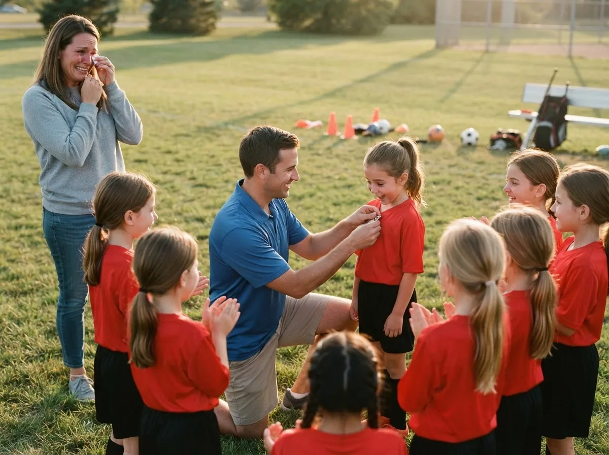 Coach and young athlete share a proud, emotional moment with team celebrating outdoors.