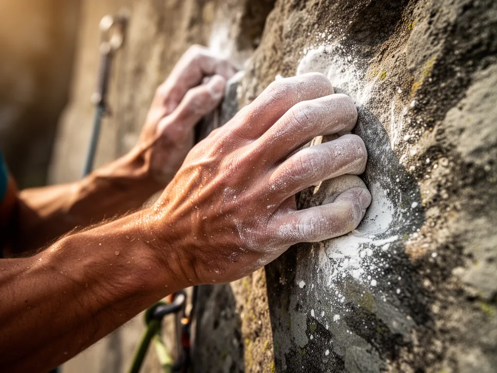 Close-up of climber's chalked hands gripping rock wall with intense concentration
