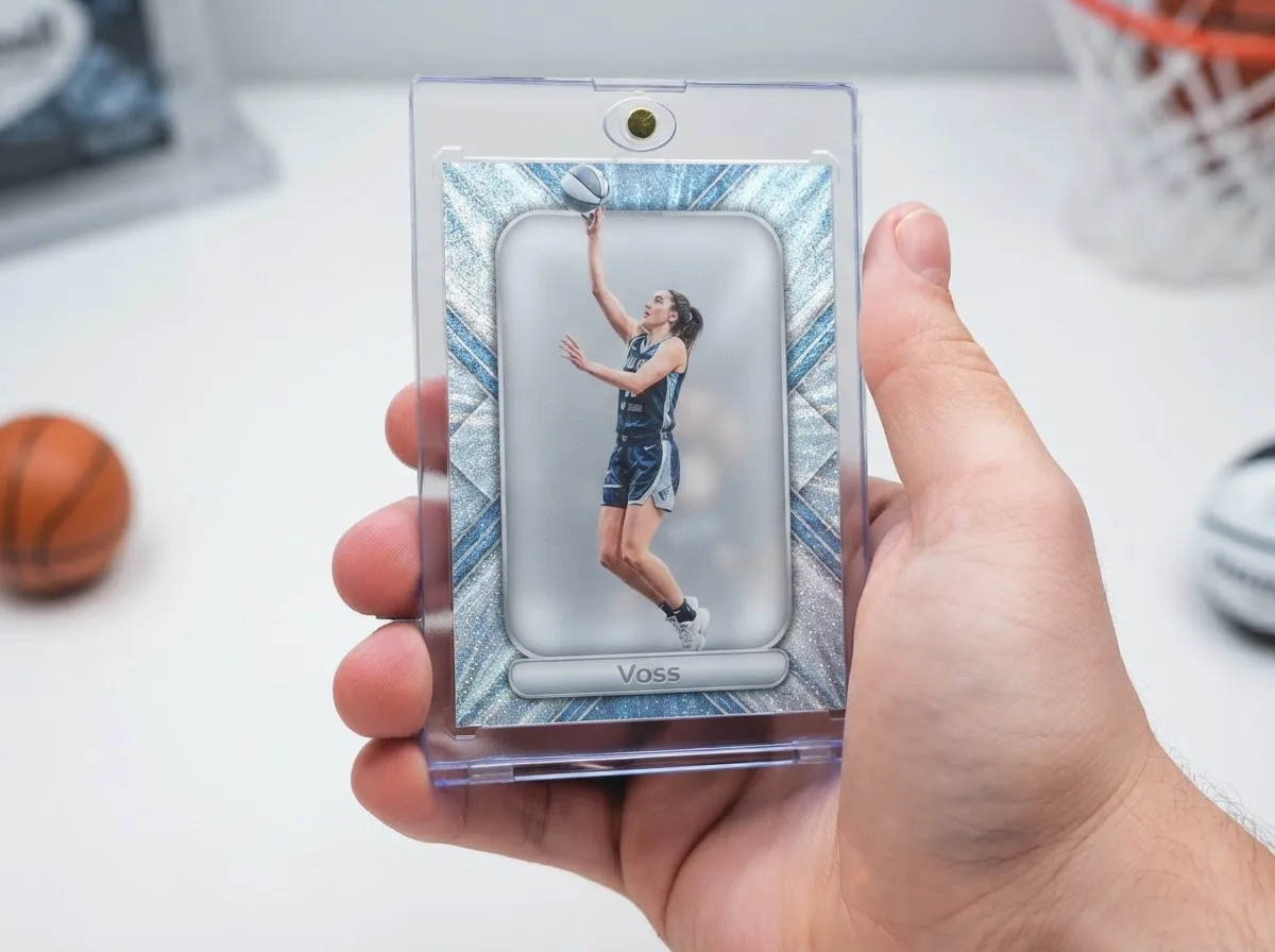 Custom sports trading card of a basketball player in a clear magnetic display case.