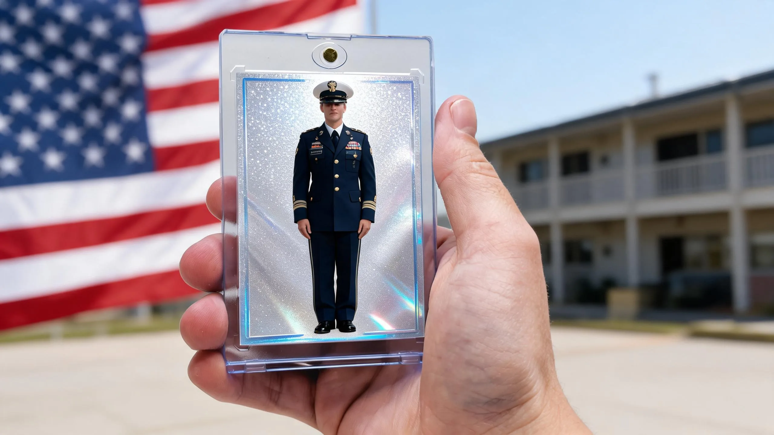Hand holding magnetic case with military tribute card, deployment homecoming signs backdrop, blurred flag.