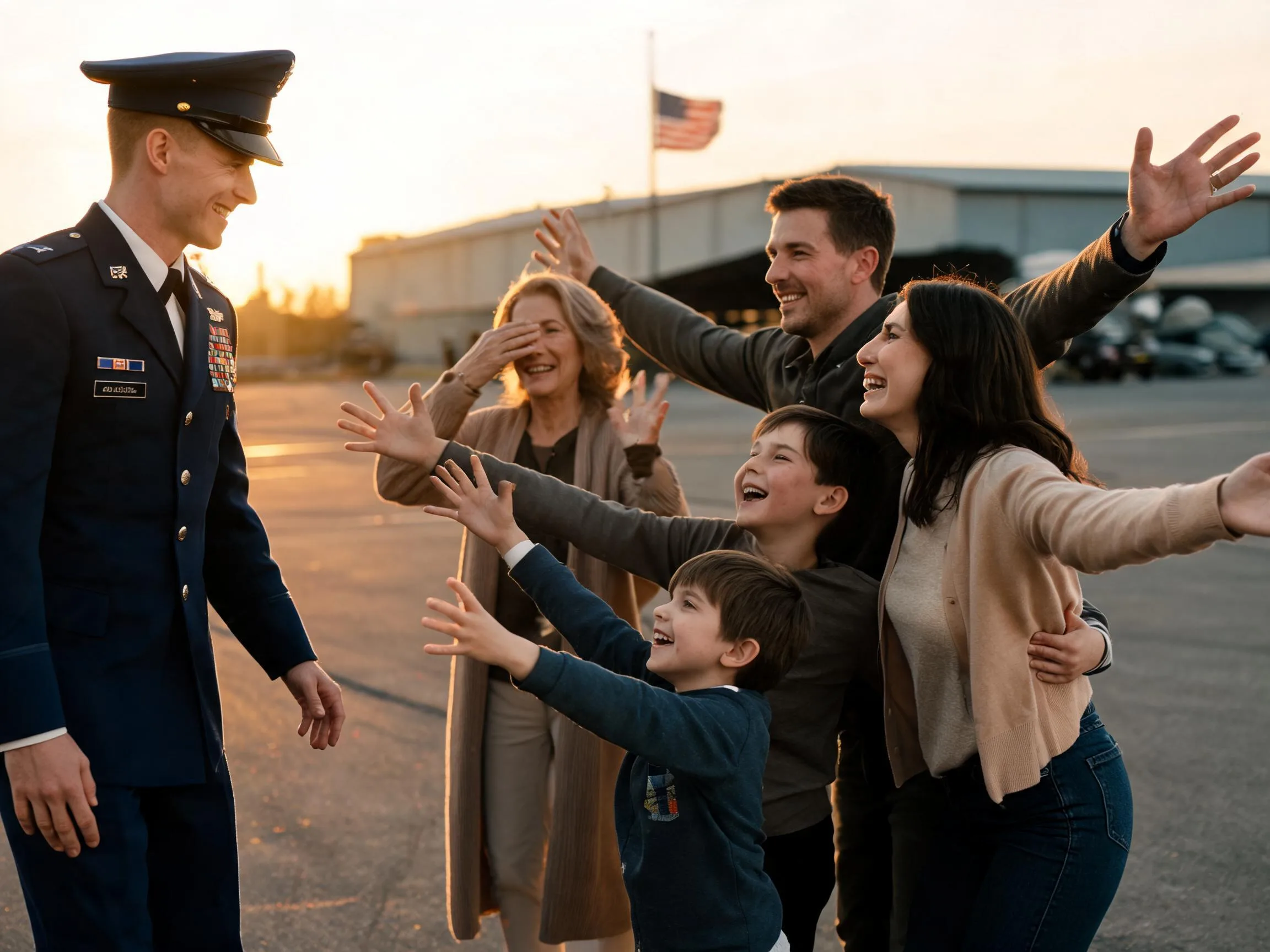 Family joyfully reunites with returning service member in warm golden homecoming light.