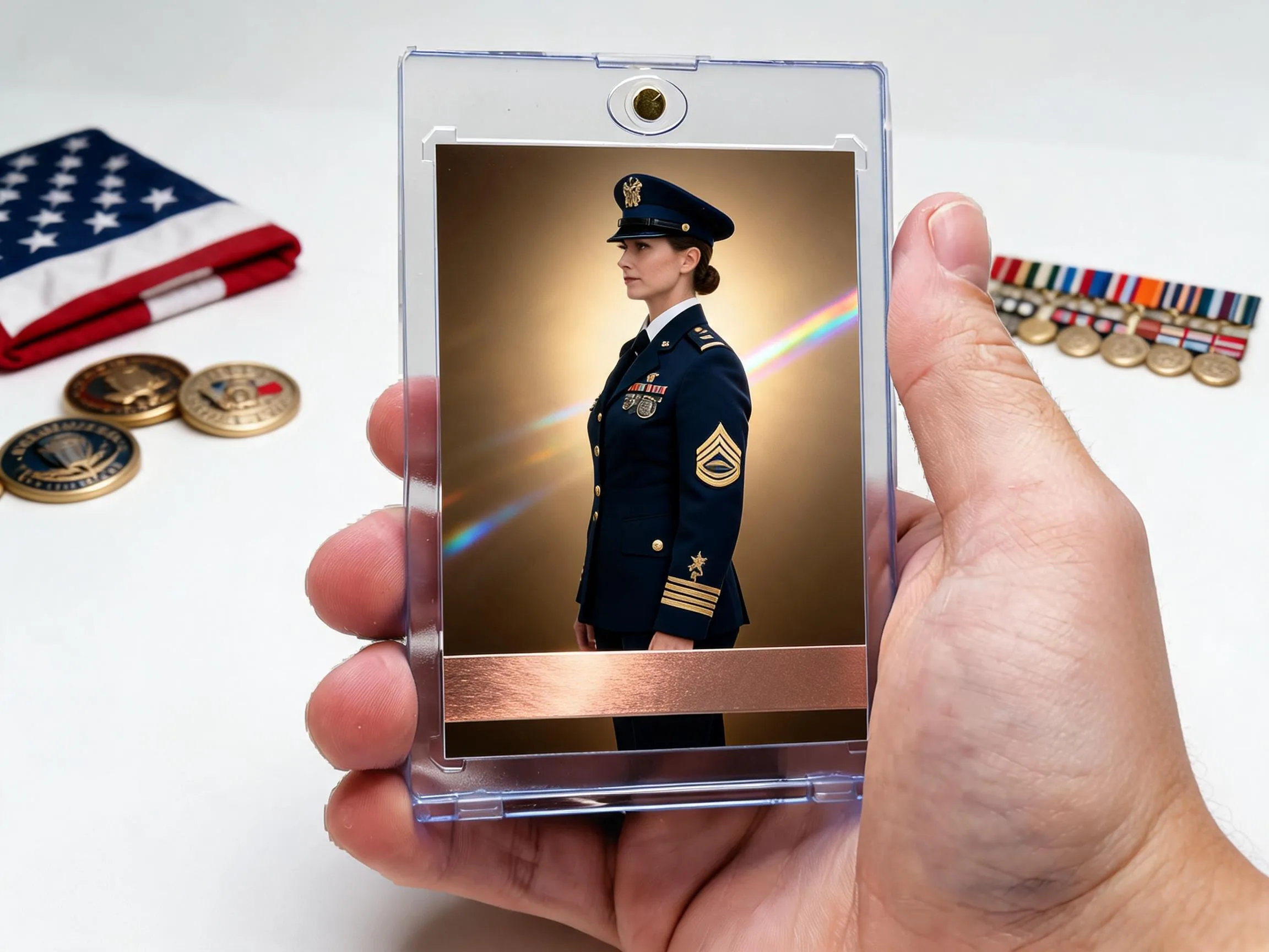 Custom military tribute trading card in magnetic case beside folded flag and coins.